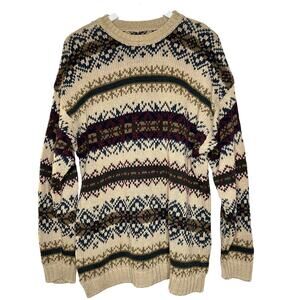 Aeropostale Mens Knit Sweater Vtg Large Pullover Brown Fair Isle Chunky Grandpa
